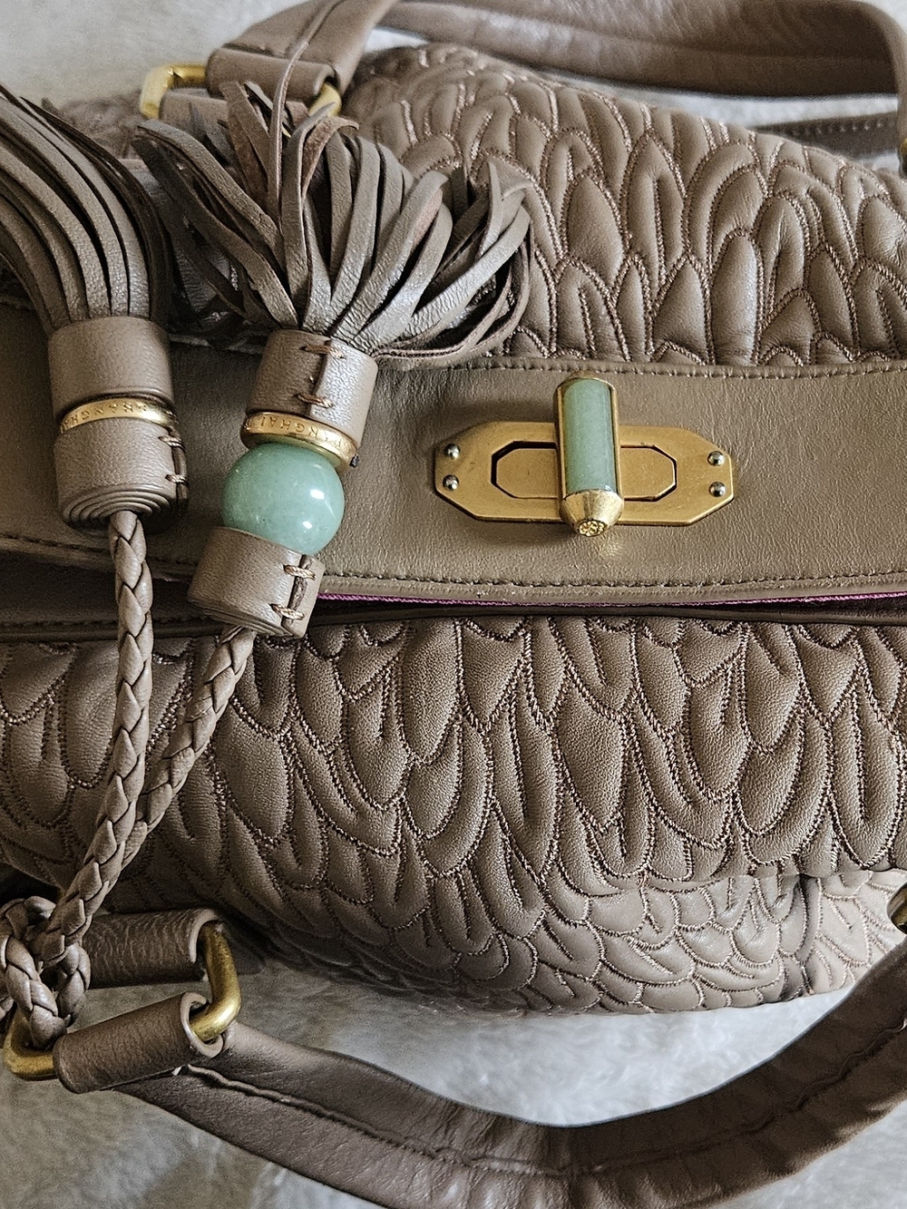 Shanghai Tang Taupe Quilted Leather Shoulder Bag with Gold Hardware and Jade